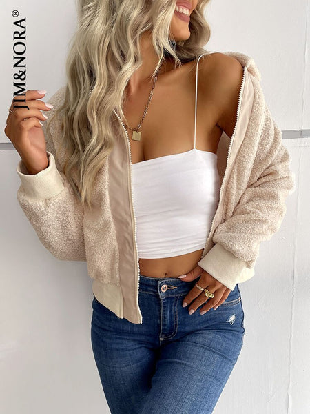 JIM & NORA Women Winter Warm Sherpa Lapel Collar Zipper Blouses Tops Casual Shirt Jacket Female Clothes Coat Outwear Fashion