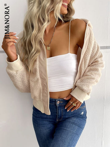 JIM & NORA Women Winter Warm Sherpa Lapel Collar Zipper Blouses Tops Casual Shirt Jacket Female Clothes Coat Outwear Fashion