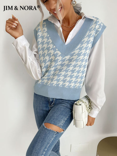 JIM & NORA Women Zigzag Floral Print Sleeveless V Neck Knit Sweater Vest Ladies Patchwork Casual Slim Fit Pullover Tops