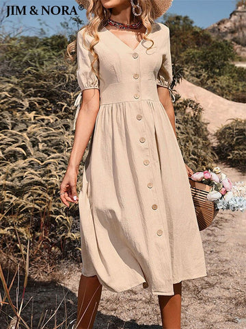 JIM & NORA Women's V Neck Button Down Casual Midi Dress A-line Short Sleeve Solid Summer Dresses Sundress