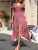 JIM & NORA Womens Floral Summer Red Split Long Flowy Beach Dresses V Neck Swing Casual Maxi Sundress Pleated Hem 2023 Fashion