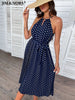 JIM & NORA Womens Sexy Spaghetti Strap Lace Up Halter Hollow Out Dresses Summer Sleeveless Tunic Dot Printed Midi Dress Casual