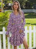 JIM & NORA Womens Spring Summer V Neck Ruffle Long Sleeve Floral Print Mini Boho Swing Purple Holiday Casual Dress