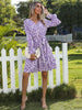 JIM & NORA Womens Spring Summer V Neck Ruffle Long Sleeve Floral Print Mini Boho Swing Purple Holiday Casual Dress