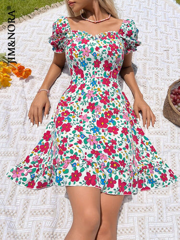 JIM & NORA Y2k Vestidos Women Short Sleeve V Neck Casual Floral Print Summer Beach Holiday Picnic Dress Backless Mini Dresses