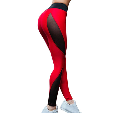 Hot Red And Black Patchwork Leggings For Women Sexy Mesh Splice Fitness Pants Elastic Workout Slim Trousers DropShip