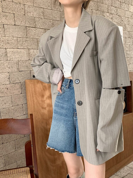 JMPRS Design Sleeve Hollow Blazers Womens  Single Breasted Loose Striped Jacket Suit Fall 2023 Baggies Ladies Tops