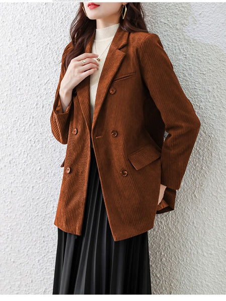 JMPRS England Style Corduroy Suit Jacket Women Fall 2023 Double Breasted Blazer Mujer Casual All-match Slim Fit Coat Outwear