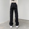 JMPRS Pockets Patchwork Women Baggy Jeans Y2K Streetwear 100% Cotton Denim Pants Loose Cargo Harajuku Black Trousers