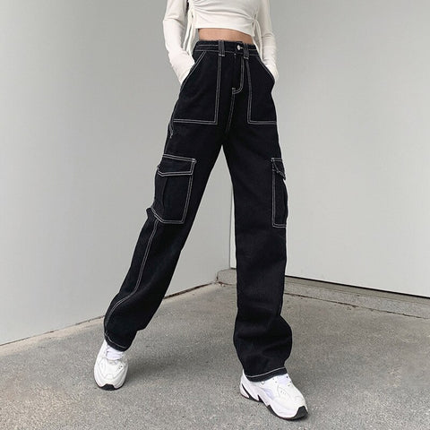 JMPRS Pockets Patchwork Women Baggy Jeans Y2K Streetwear 100% Cotton Denim Pants Loose Cargo Harajuku Black Trousers