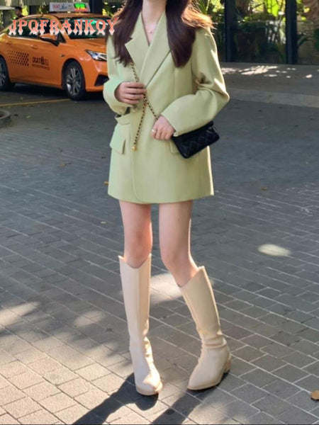[JPQF] Suit Jacket Woman 2023 Spring Autumn Little Senior Temperament Leisure Commuting Loose Green Suit Blazer Set S-XL