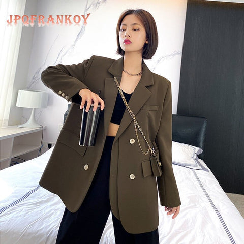 [JPQF] Women's Suit Jacket Spring and Autumn 2023 Korean Version Loose Double-breasted Suit Women Blazer Black S-XXL