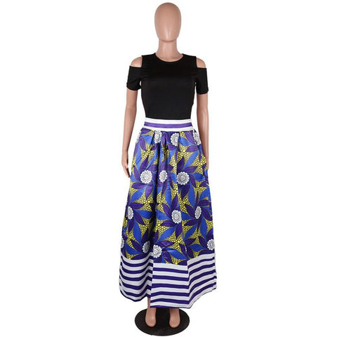Casual Two Pieces Women Maxi Dresses Short Sleeve Black Top Colorful Long Print Dress Vestidos