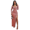 JRRY Casual Women High Slit Ribbed Dress Long Sleeve Ribbed Dresses Rib Long Maxi Dress Vestidos