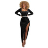 JRRY Casual Women High Slit Ribbed Dress Long Sleeve Ribbed Dresses Rib Long Maxi Dress Vestidos