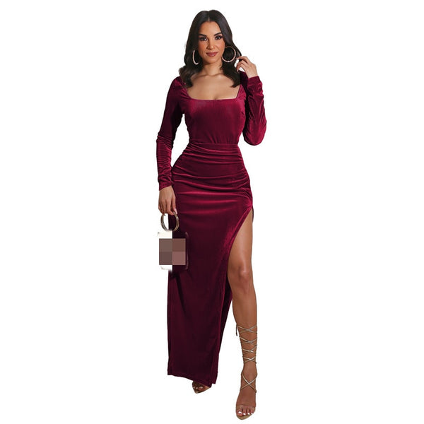 JRRY Casual Women High Slit Ribbed Dress Long Sleeve Ribbed Dresses Rib Long Maxi Dress Vestidos