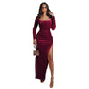JRRY Casual Women High Slit Ribbed Dress Long Sleeve Ribbed Dresses Rib Long Maxi Dress Vestidos