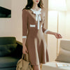 JSXDHK 2022 Autumn Winter Women Sweater Dress  Three Quarter Sleeve Knitted Patchwork Bow Casual Dresses