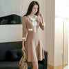JSXDHK 2022 Autumn Winter Women Sweater Dress  Three Quarter Sleeve Knitted Patchwork Bow Casual Dresses