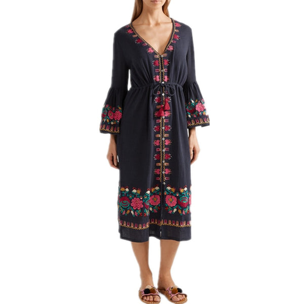 JSXDHK Bohemian Maxi Holiday Long Dress Autumn Women Flare Sleeve Embroidery Flowers Dress Ethnic Sexy V Neck Beach Party Dress