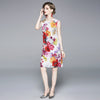 JSXDHK Runway Designer Sleeveless Women Dress Summer Printed Petal Floral Tank Vest A-Line Dress Vintage Bodycon Dress
