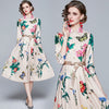 JSXDHK Simgent Floral Butterfly Dress Woman Three Quarter Sleeve Elegant Party Print Belted Midi Dress Vestidos Robe Femme