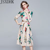 JSXDHK Simgent Floral Butterfly Dress Woman Three Quarter Sleeve Elegant Party Print Belted Midi Dress Vestidos Robe Femme