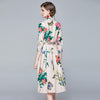 JSXDHK Simgent Floral Butterfly Dress Woman Three Quarter Sleeve Elegant Party Print Belted Midi Dress Vestidos Robe Femme