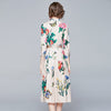 JSXDHK Simgent Floral Butterfly Dress Woman Three Quarter Sleeve Elegant Party Print Belted Midi Dress Vestidos Robe Femme
