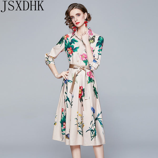 JSXDHK Simgent Floral Butterfly Dress Woman Three Quarter Sleeve Elegant Party Print Belted Midi Dress Vestidos Robe Femme