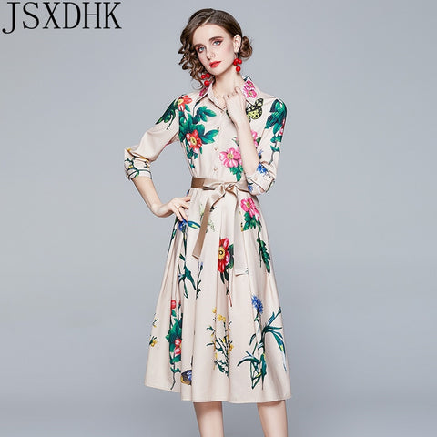 JSXDHK Simgent Floral Butterfly Dress Woman Three Quarter Sleeve Elegant Party Print Belted Midi Dress Vestidos Robe Femme