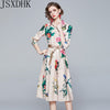 JSXDHK Simgent Floral Butterfly Dress Woman Three Quarter Sleeve Elegant Party Print Belted Midi Dress Vestidos Robe Femme