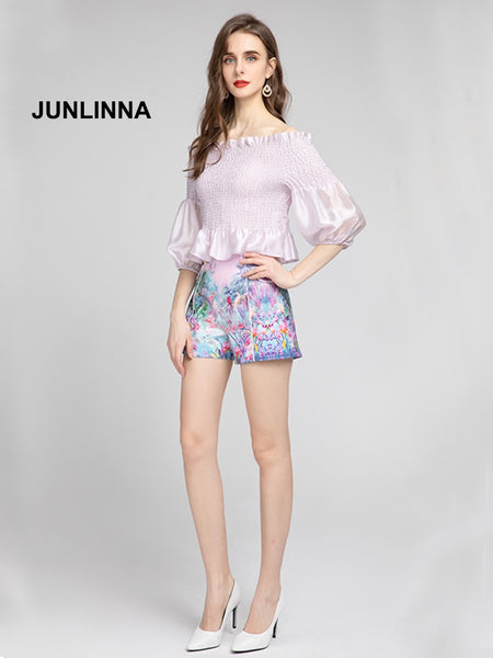 JUNLINNA Two Piece Pants Slash Neck Elastic Top+Short Printed Pants 2 Pieces Set Spring Summer Princess Wear Sets