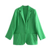 JUNWU Za Autumn Women's Green Loose Linen Suit Single-Breasted Pocket Long-Sleeved Suit Jacket Casual Blazer British Style