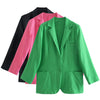 JUNWU Za Autumn Women's Green Loose Linen Suit Single-Breasted Pocket Long-Sleeved Suit Jacket Casual Blazer British Style