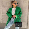 JUNWU Za Autumn Women's Green Loose Linen Suit Single-Breasted Pocket Long-Sleeved Suit Jacket Casual Blazer British Style