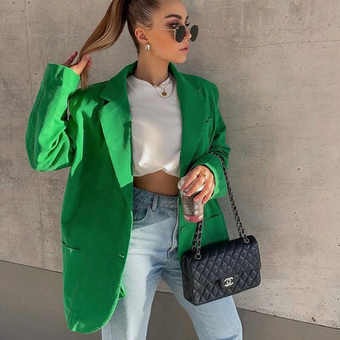 JUNWU Za Autumn Women's Green Loose Linen Suit Single-Breasted Pocket Long-Sleeved Suit Jacket Casual Blazer British Style