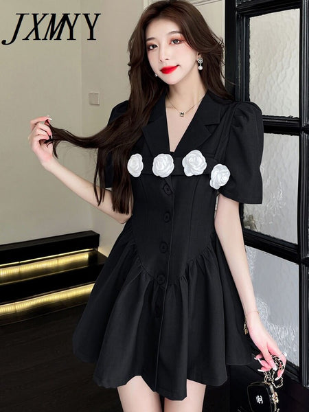JXMM 2023 Summer Design Puff Sleeves Elegant Temperament Suit Two-Piece Slim Dress Women's Skirt