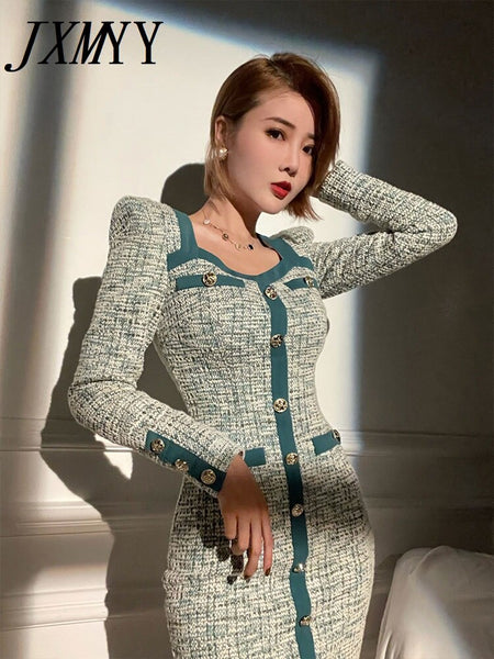 JXMY Autumn And Winter Products Woolen Bright Silk Commuter Elegant Temperament Women Slim Long-Sleeve Dress