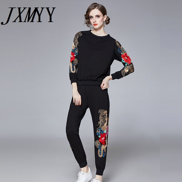 imCharms 2023 Autumn Comfortable Cotton Embroidered Suit Women's Raglan Sleeves Black fLong Two-Piece Suit