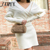 imCharms 2023 Fall Products Korean Slim Linen Pattern Cross V-Neck Knit + High Waist Slim Woolen Skirt
