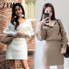 imCharms 2023 Fall Products Korean Slim Linen Pattern Cross V-Neck Knit + High Waist Slim Woolen Skirt