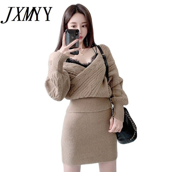 imCharms 2023 Fall Products Korean Slim Linen Pattern Cross V-Neck Knit + High Waist Slim Woolen Skirt