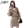 imCharms 2023 Fall Products Korean Slim Linen Pattern Cross V-Neck Knit + High Waist Slim Woolen Skirt