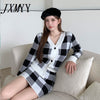 imCharms 2023 Spring And Autumn Korean Version Of The V-Neck Plaid Knitted Cardigan High Waist Bag Hip Skirt Suit