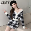 imCharms 2023 Spring And Autumn Korean Version Of The V-Neck Plaid Knitted Cardigan High Waist Bag Hip Skirt Suit