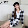 imCharms 2023 Spring And Autumn Korean Version Of The V-Neck Plaid Knitted Cardigan High Waist Bag Hip Skirt Suit