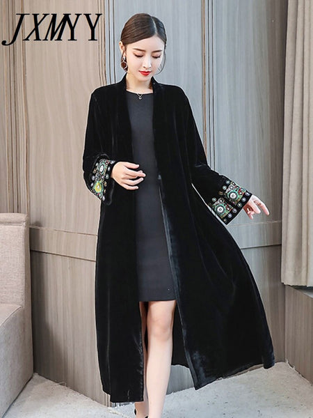 imCharms 2023 Autumn And Winter And Elegant Temperament Embroidered Cardigan Ethnic Style Long Large Size Trench Coat Women