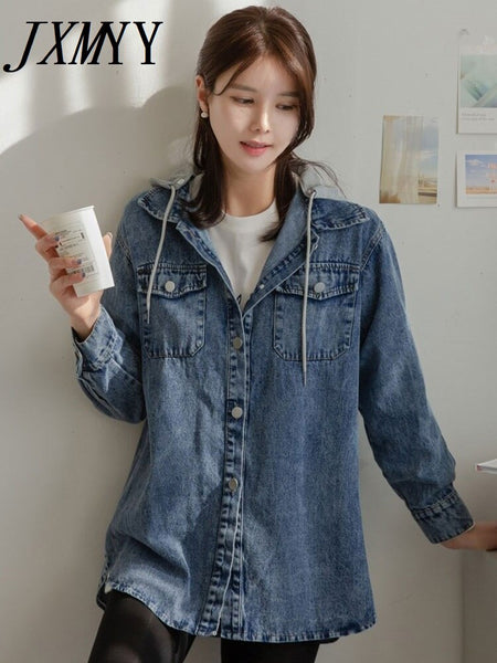 imCharms 2023 Autumn And Winter Chic Simple Casual Denim Jacket Stitching Knitted Loose Hooded Sweater Women's Clothing