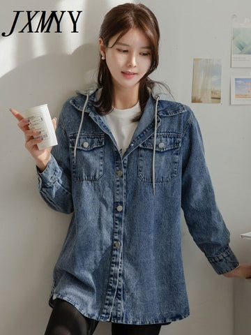 imCharms 2023 Autumn And Winter Chic Simple Casual Denim Jacket Stitching Knitted Loose Hooded Sweater Women's Clothing